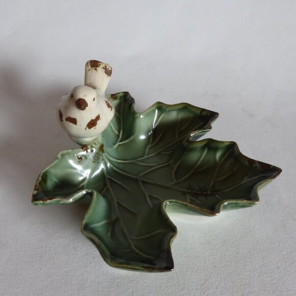 NEW CREATIVE CO-OP RUSTIC BIRD ON MAPLE LEAF CERAMIC TRINKET CANDY DISH - Picture 3 of 9